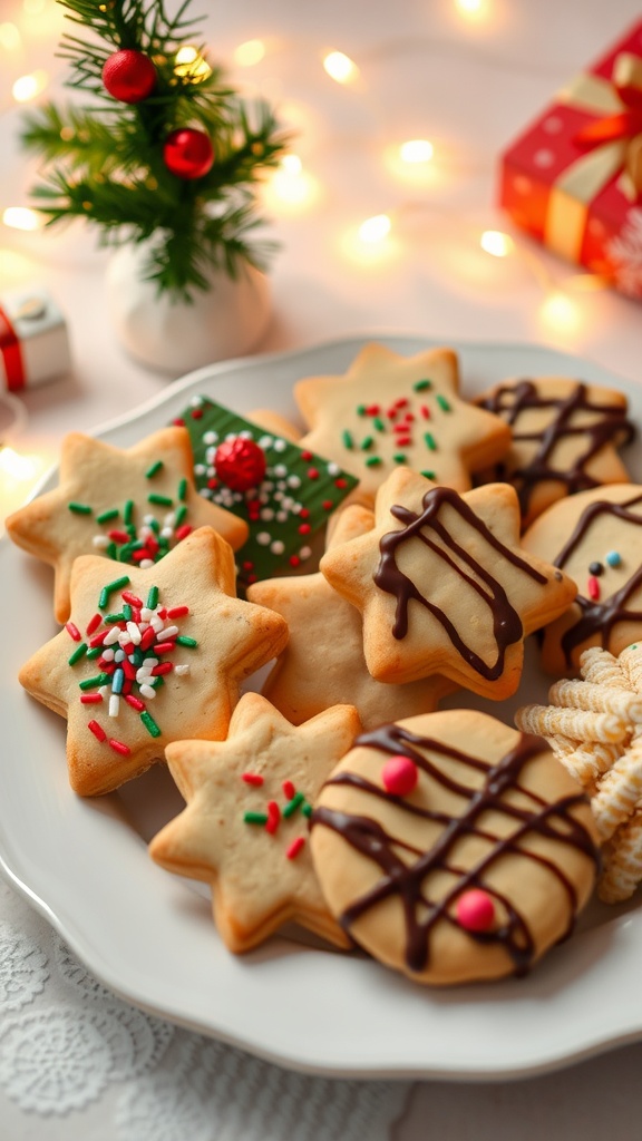 A plate of vegan Christmas cookies decorated with sprinkles and chocolate, set against a festive holiday backdrop.